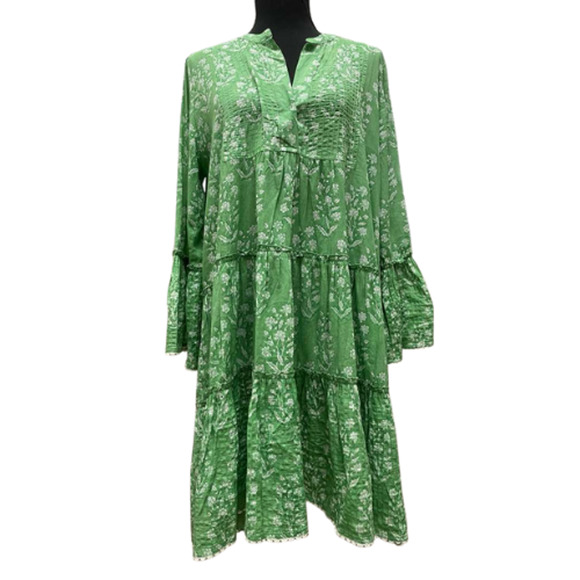 Juliet Dunn London Green White Floral Tiered Bell Sleeve Tunic Dress Sz 1 S/M - Picture 6 of 11